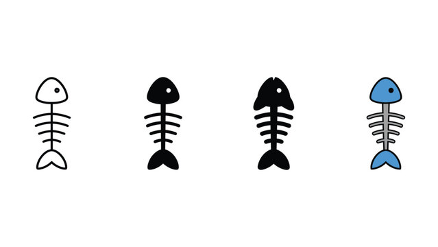 Set of four fish bone skeleton icons in various graphic styles