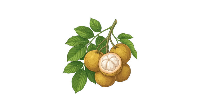 Watercolor illustration of fresh exotic longan fruits on a leafy branch.