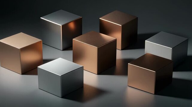 Mesmerizing video of light and shadow dancing on shiny metallic cubes with dynamic reflections and glowing effects