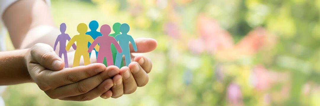 Hands hold colorful paper cutouts representing a diverse community.