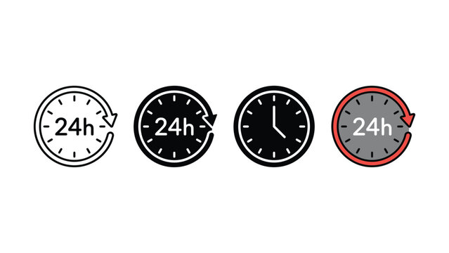 Set of twenty four hour time icons featuring clock symbols for service availability