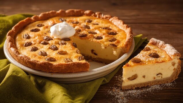 Homemade cottage cheese pie with raisins and sour cream. Baked cheesecake featuring dairy, eggs, semolina, and vanilla. Green napkin.