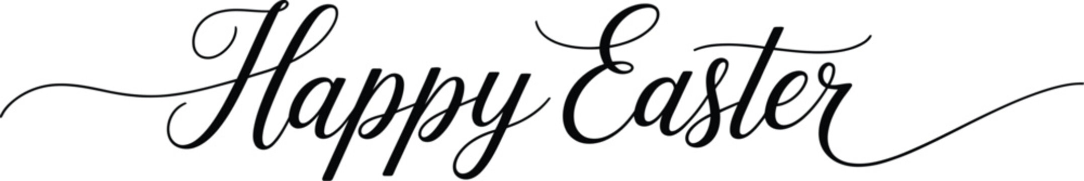 Elegant cursive happy easter greeting in black ink isolated on white background, Vector, illustration