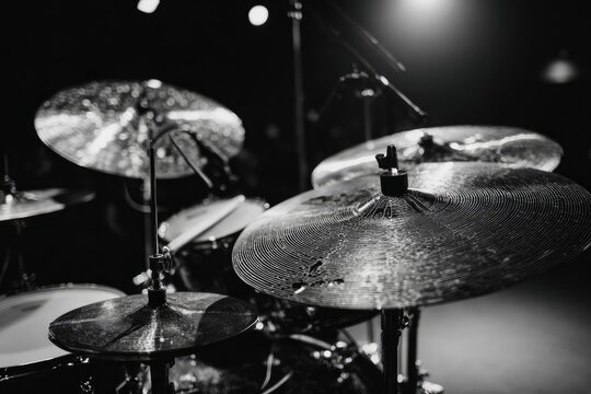 Close-up in monochrome shows cymbals in a drum kit with blurred background, capturing sound and music