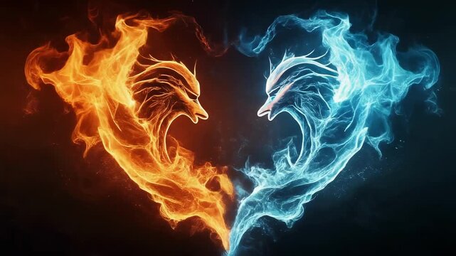Epic battle scene of fire and ice clashing in a dynamic fantasy duel with powerful elemental forces
