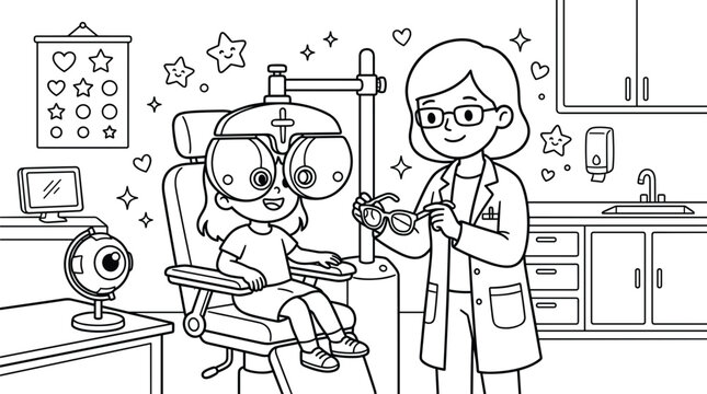 Female pediatric ophthalmologist checking little girl vision with phoropter machine in modern medical clinic outline vector coloring page illustration