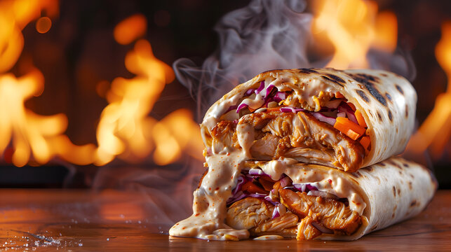 Extra Large Cheesy Chicken Shawarma Roll with Spicy Mayo and Fire Flames on Dark Wooden Surface Close Up