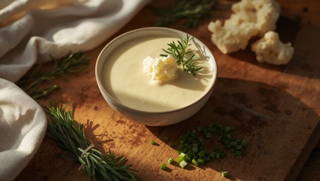 A soothing bowl of smooth cauliflower soup topped with a fresh floret, presented on a rustic table alongside rosemary and green onion, hinting at a wholesome, homemade dish.