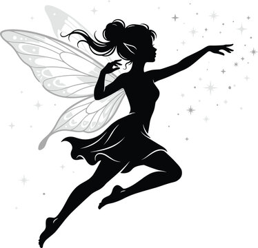 Magical vector silhouette illustration of a flying fairy with detailed translucent wings reaching out towards sparkling stars and pixie dust.