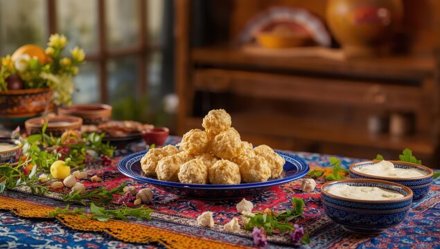 Uzbek kurt at the celebration table. Salted milk cheese for Nauryz.