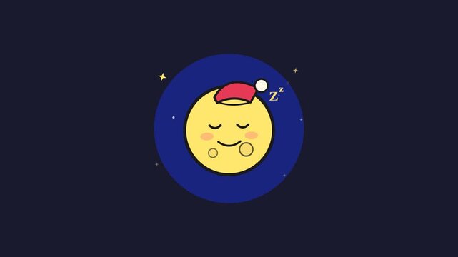 Footage of animated sleeping crescent moon character with closed eyes and blush in night sky