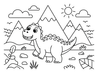 Dibujo para colorear de un lindo dinosaurio de dibujos animados en un paisaje de montaña para niños © MrAl