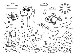 Lindo dibujo animado de un dinosaurio nadando bajo el agua para colorear © MrAl
