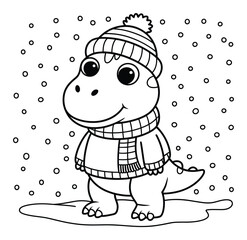 Dibujos animados de un lindo dinosaurio con gorro y bufanda de invierno en la nieve © MrAl
