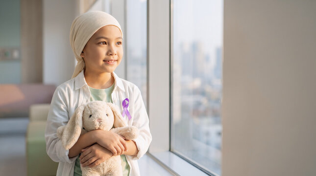 Hopeful Young Girl Cancer Patient Holding Stuffed Bunny with Purple Awareness Ribbon by Window for World Cancer Day