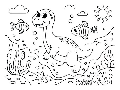 Lindo dibujo animado de un dinosaurio nadando bajo el agua para colorear