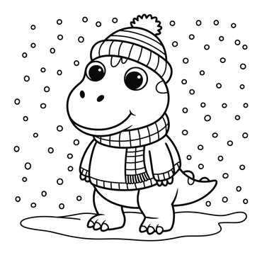 Dibujos animados de un lindo dinosaurio con gorro y bufanda de invierno en la nieve