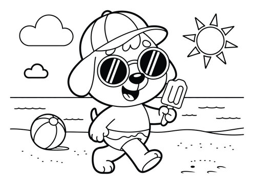 Dibujo para colorear de un lindo cachorro de dibujos animados con gafas de sol y gorra en la playa