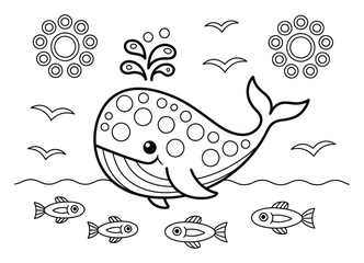 Dibujo para colorear de una linda ballena y un pez de dibujos animados para niños