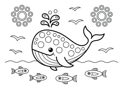 Dibujo para colorear de una linda ballena y un pez de dibujos animados para ni&ntilde;os