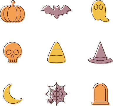 Cute Halloween icon vector set featuring flat cartoon retro line illustrations of pumpkin bat ghost skull candy corn witch hat and tombstone isolated