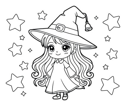 Dibujos animados de una linda bruja chibi para colorear con estrellas para ni&ntilde;os