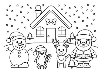 Lindo dibujo navideño para colorear con Papá Noel, renos, pingüinos y muñecos de nieve