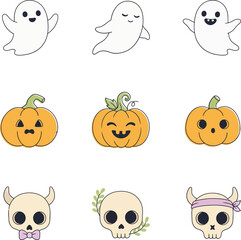 Fototapeta premium Cute Halloween vector icon set featuring kawaii flat line art illustrations of friendly ghosts happy pumpkin faces and funny skulls isolated