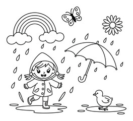 Linda niña jugando bajo la lluvia con un paraguas y un pato