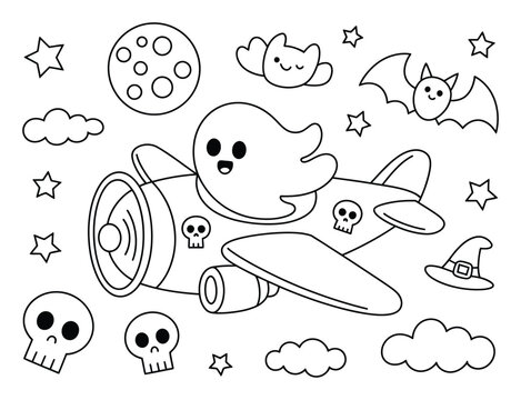 Lindo fantasma volando en un avi&oacute;n p&aacute;gina para colorear de Halloween