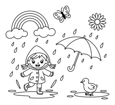 Linda ni&ntilde;a jugando bajo la lluvia con un paraguas y un pato
