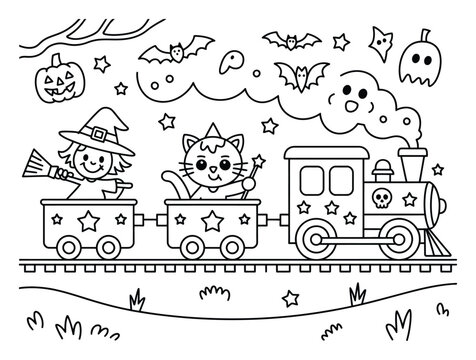 Lindo dibujo para colorear de un tren de Halloween con una bruja y un gato