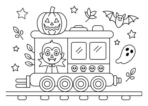 Linda p&aacute;gina para colorear de tren de Halloween para ni&ntilde;os con vampiro y calabaza