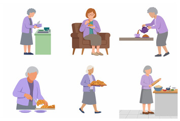 Fototapeta premium Senior Woman Vector Character Set Doing Daily Activities Like Baking Croissants, Washing Dishes, and Drinking Tea