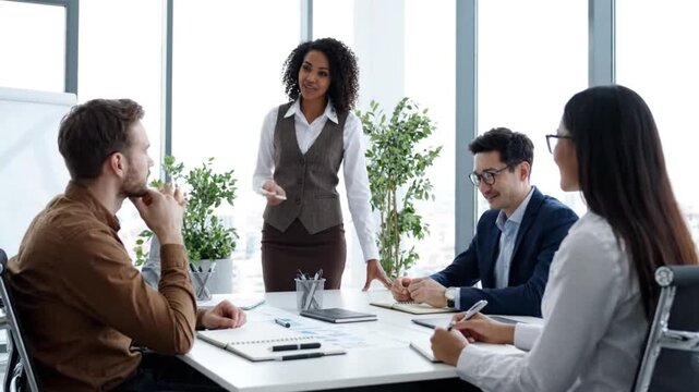 Multiethnic business team collaborating in a modern office meeting room, discussing strategy