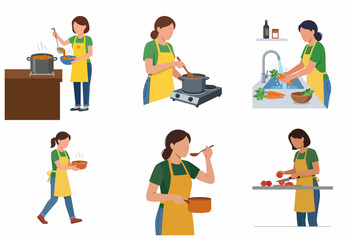 Fototapeta premium Set of Woman Cooking and Preparing Healthy Meal in Kitchen Flat Vector Illustration