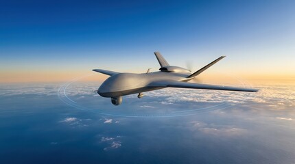 Naklejka premium Unmanned aerial vehicle flying over clouds at sunset with digital targeting reticle drone aircraft