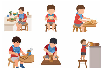 Little boy making a peanut butter sandwich set, toddler preparing snack, eating bread and cleaning table vector illustration.