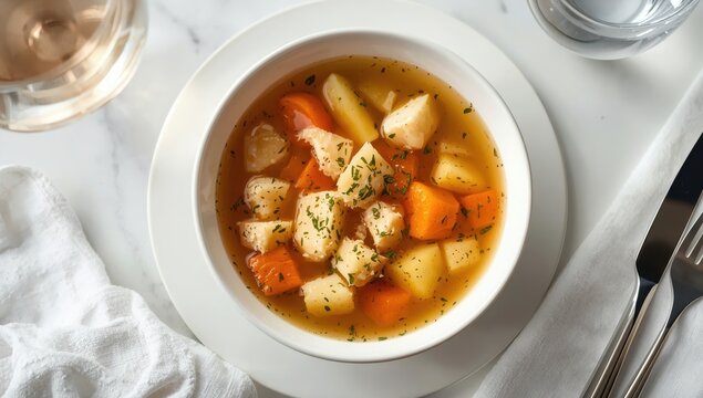 vegetable crab soup with clear broth, including potatoes and carrots.