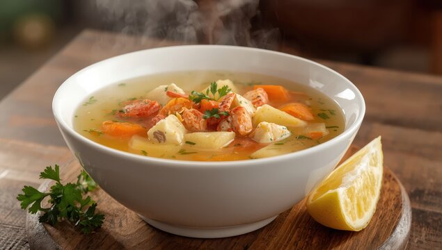 vegetable crab soup with potatoes and carrots in a clear broth.