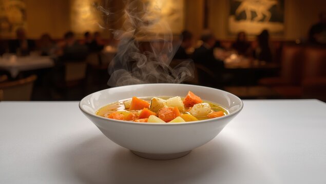 vegetable crab soup with potatoes and carrots in clear broth.