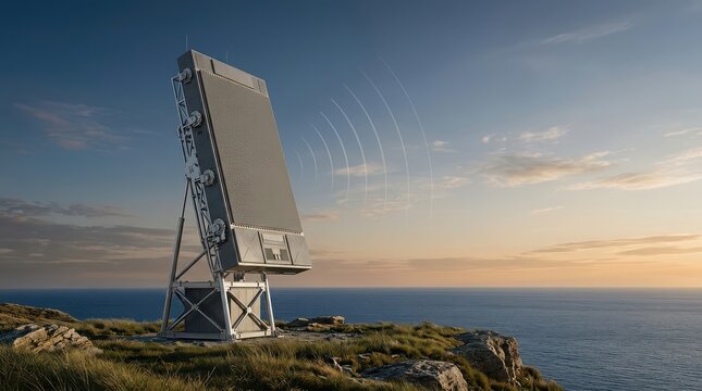 Radar dish on a cliff overlooking the ocean with signal waves at sunset antenna technology