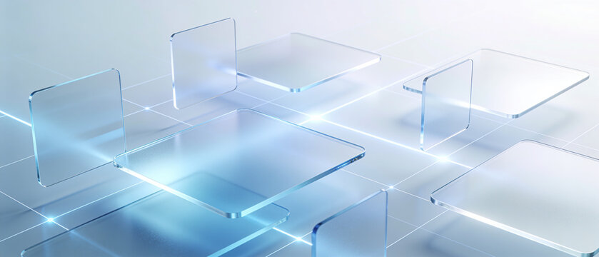 Transparent floating glass panels in futuristic digital interface technology background