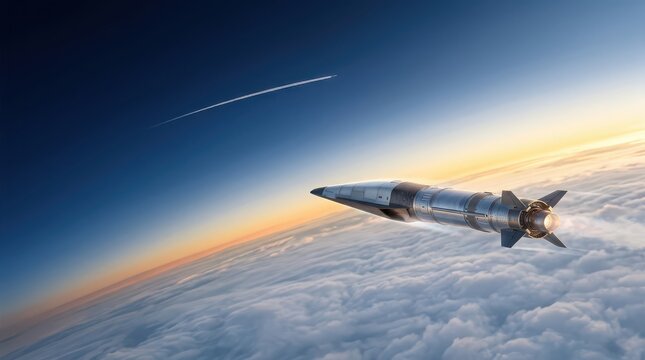 Hypersonic missile with glowing exhaust firing over clouds at sunset rocket weapon