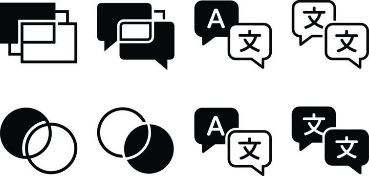 Collection of monochrome vector icons depicting language translation speech bubbles and overlapping data comparison shapes.
