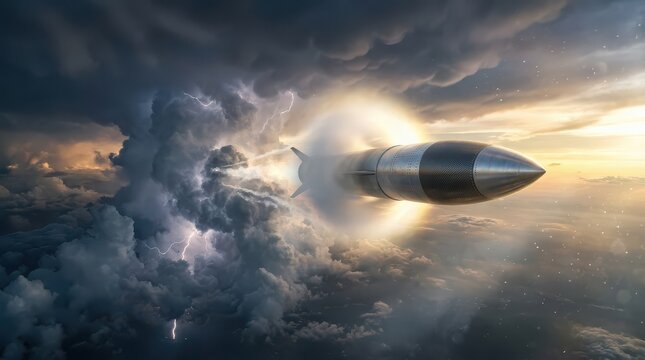 Missile flying through stormy clouds with lightning and sonic boom effect rocket