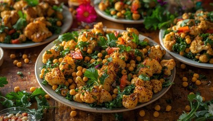 Obraz premium Vegetarian salad platters featuring roasted cauliflower, kale, chickpeas, and herbs.
