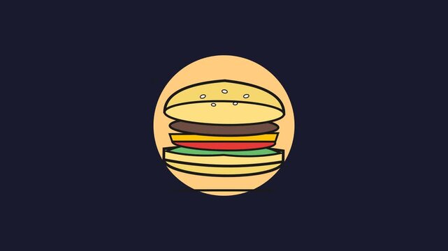 Footage of a flat design burger icon isolated on dark background, top view
