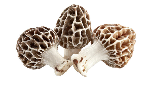 Fresh wild morel mushrooms with honeycomb textured caps and hollow stems, prized edible fungi ingredient for gourmet spring cooking, isolated on white background