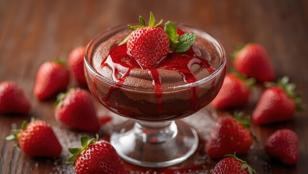 Velvety chocolate pudding topped with strawberry sauce.